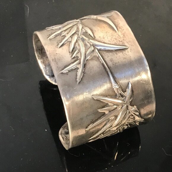 Rare Chinese Sterling Silver Cuff Bracelet Wing Hang Antique Chinese Bamboo 925 - Picture 2 of 9